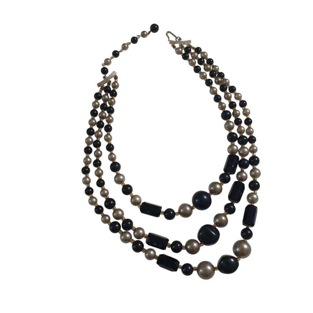 Vintage Black Gray Beaded Necklace 3 Strand Marked Japan 13 Inch Short Length